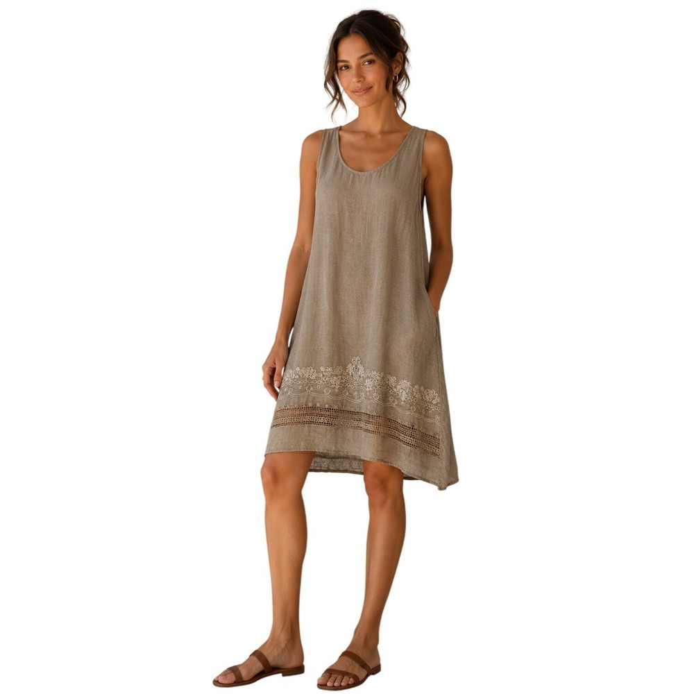 Monoreno Tank Dress Women Large Beige Boho Coastal‎ Lace Trim Sleeveless Casual
